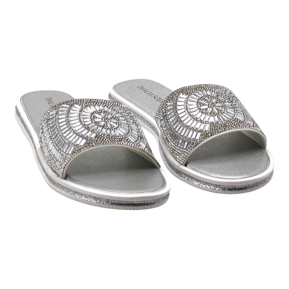 Thalia Sodi Silver Rhinestone Slide Sandals
